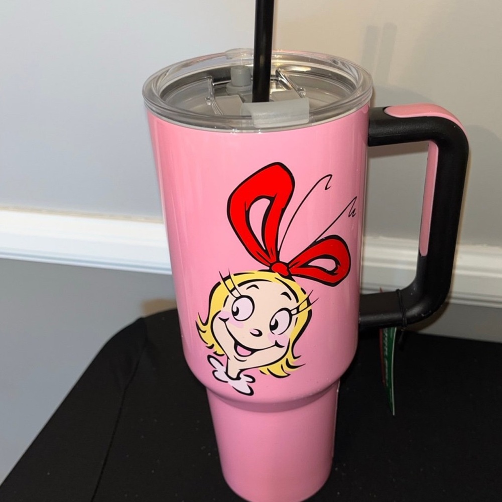 Pink Cindy Lou Who Grinch Tumbler with Red Bow Design